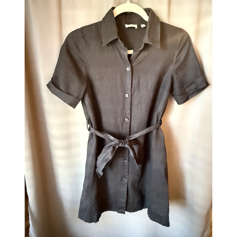 ARITZIA WILFRED Eleta Linen Dress, Black Short Sleeve Belted Shirt Dress Size XS